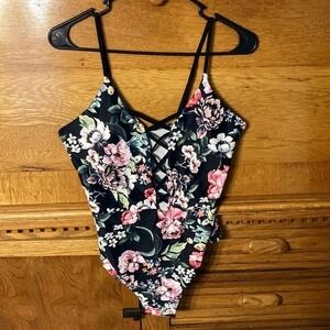 Dilinte Boho-Chic Romantic Floral Lace‎ Up One Piece Swimsuit Tropical Large